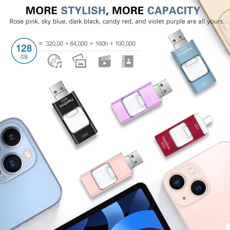 Zamst Thumb Drive for iPhone 128GB, 4 in 1 USB Type C Memory Stick, Photo Stick External Storage Falsh Drive for iPhone iPad Android Computer, Sky Blue - Image 5